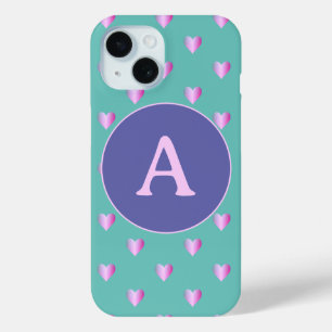 Personalised Monogram Heart Pattern Lilac Teal iPhone 15 Case