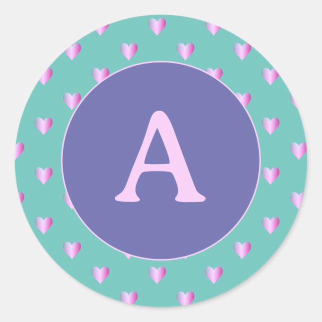 Personalised Monogram Heart Pattern Lilac Teal Classic Round Sticker (Front)
