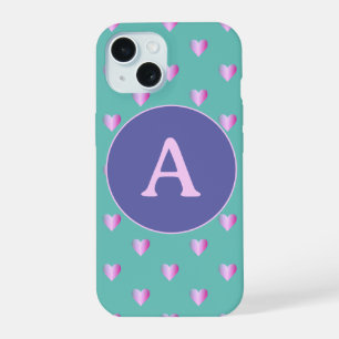 Personalised Monogram Heart Pattern Lilac Teal iPhone 15 Case