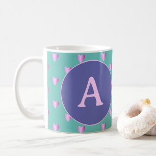 Personalised Monogram Hearts Lilac Teal Coffee Mug