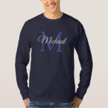 Personalised Monogram Initial Letter Name Men's T-Shirt<br><div class="desc">Personalised Monogram Initial Letter Name Mens Long Sleeve Template Elegant Trendy Navy Blue Basic Long Sleeve T-Shirt.</div>