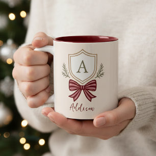 Personalised Monogram Initial Name Bow Christmas Two-Tone Coffee Mug