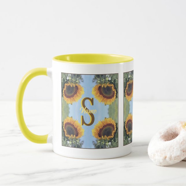 Personalised Monogram Initial Name Sunflower Art Mug (With Donut)