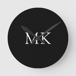 Personalised Monogram Initials Modern Black Round Clock
