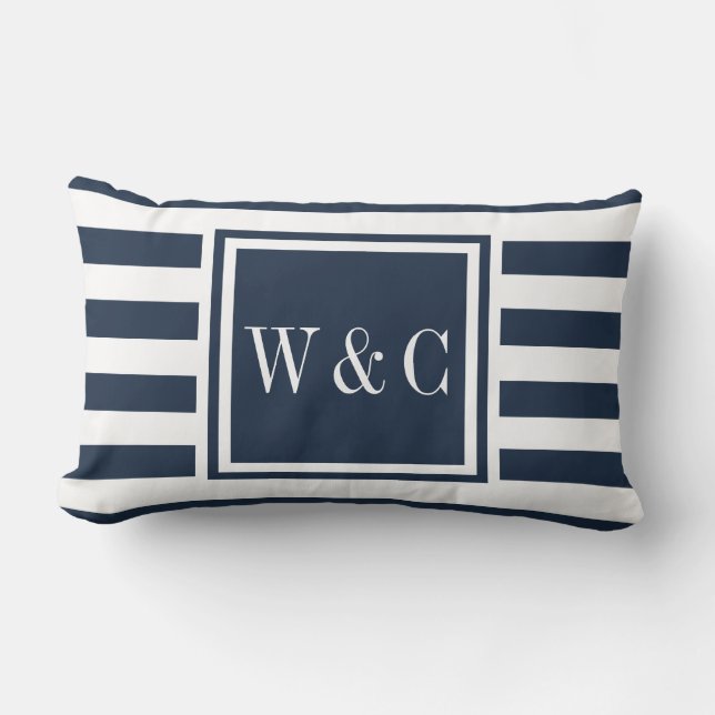 Personalised Monogram Initials Navy Blue Stripe Lumbar Cushion (Front)