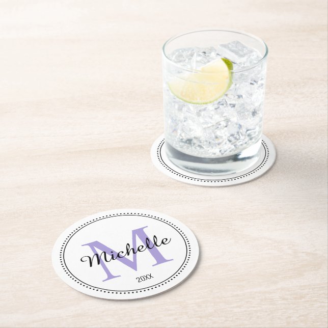 Personalised Monogram Lavender Round Paper Coaster (Insitu)