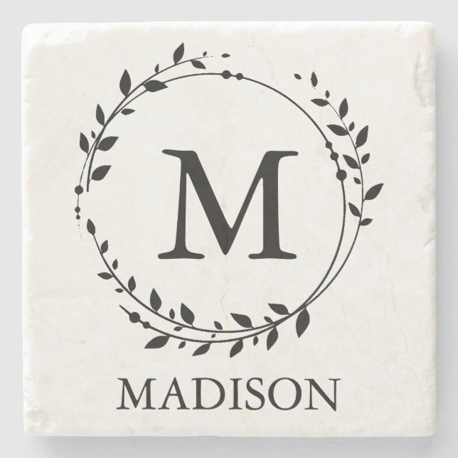 Personalised Monogram Leafy Wreath Stone Coaster (Front)