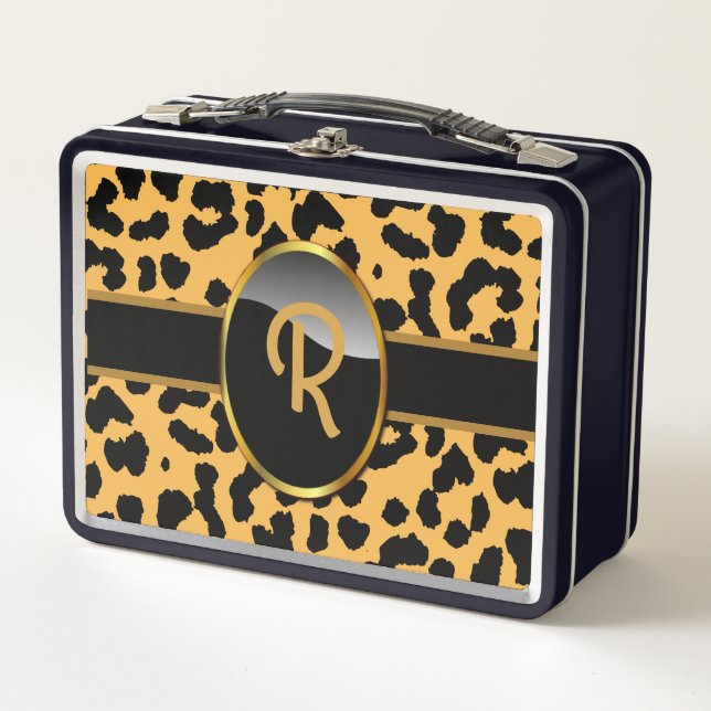 Personalised Monogram Leopard Print Metal Lunch Box (Front)