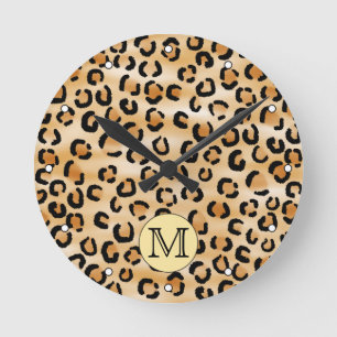 Personalised Monogram Leopard Print Pattern. Round Clock
