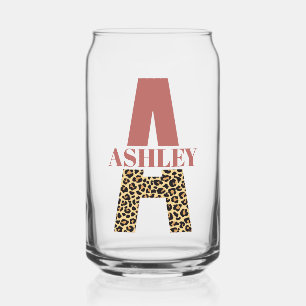 Personalised Monogram Letter A Pink Leopard print Can Glass