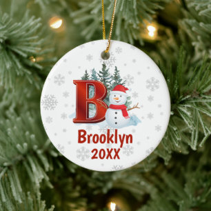Personalised Monogram Letter B Snowman Ceramic Ornament