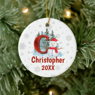 Personalised Monogram Letter C Snowman Christmas Ceramic Ornament