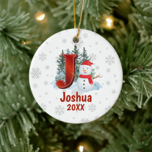 Personalised Monogram Letter J Snowman Christmas Ceramic Ornament