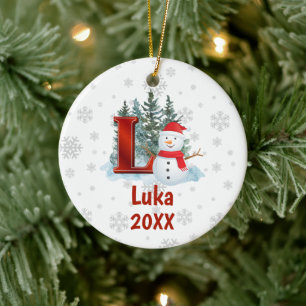 Personalised Monogram Letter L Snowman Christmas Ceramic Ornament