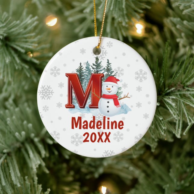 Personalised Monogram Letter M Snowman Christmas Ceramic Ornament (Tree)