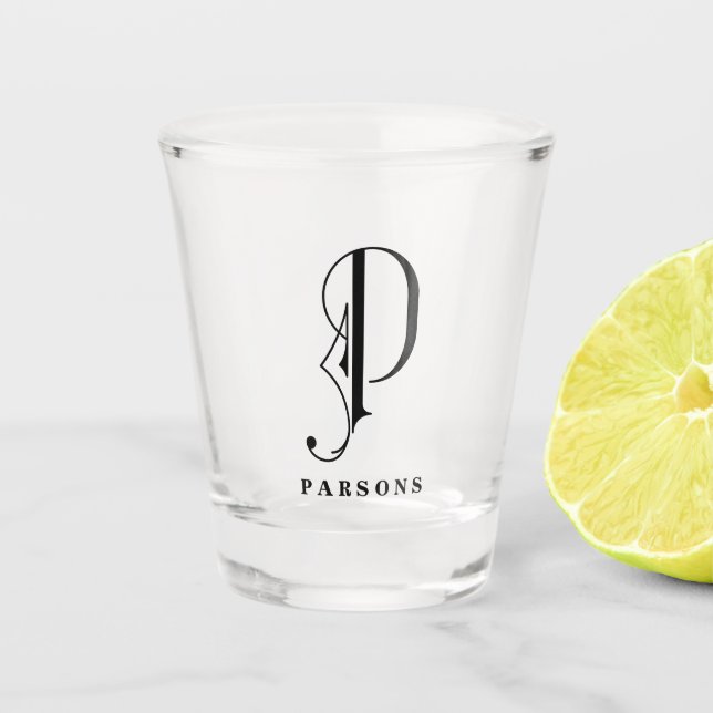 Personalised Monogram Letter P with Last Name Shot Glass (Front)