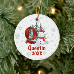 Personalised Monogram Letter Q Snowman Christmas Ceramic Ornament