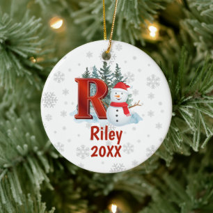 Personalised Monogram Letter R Snowman Christmas Ceramic Ornament