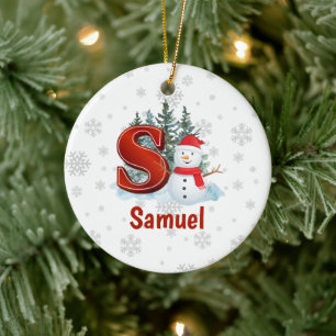 Personalised Monogram Letter S Snowman Christmas Ceramic Ornament