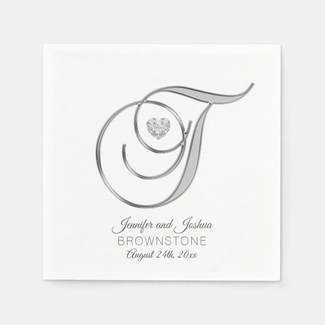Personalised Monogram Letter T Silver Wedding Napkin (Front)