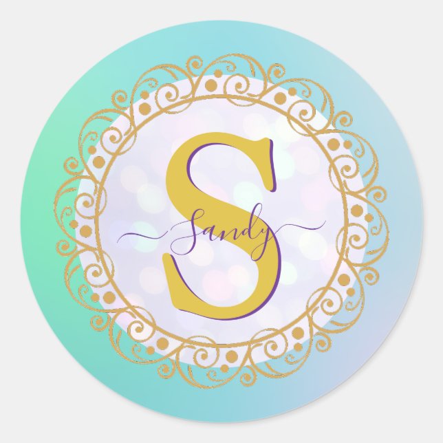Personalised Monogram Mandala Gold and Blue Classic Round Sticker (Front)
