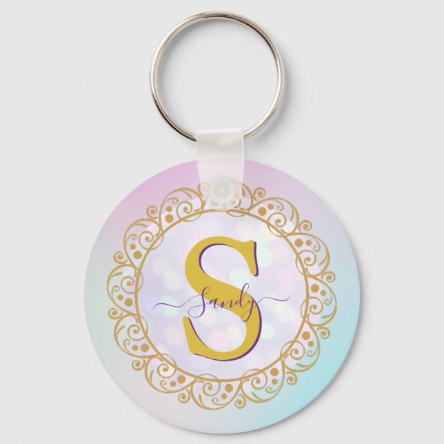 Personalised Monogram Mandala Gold and Blue Key Ring (Front)