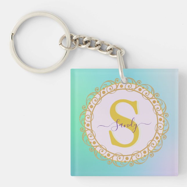 Personalised Monogram Mandala Gold and Blue Key Ring (Front)