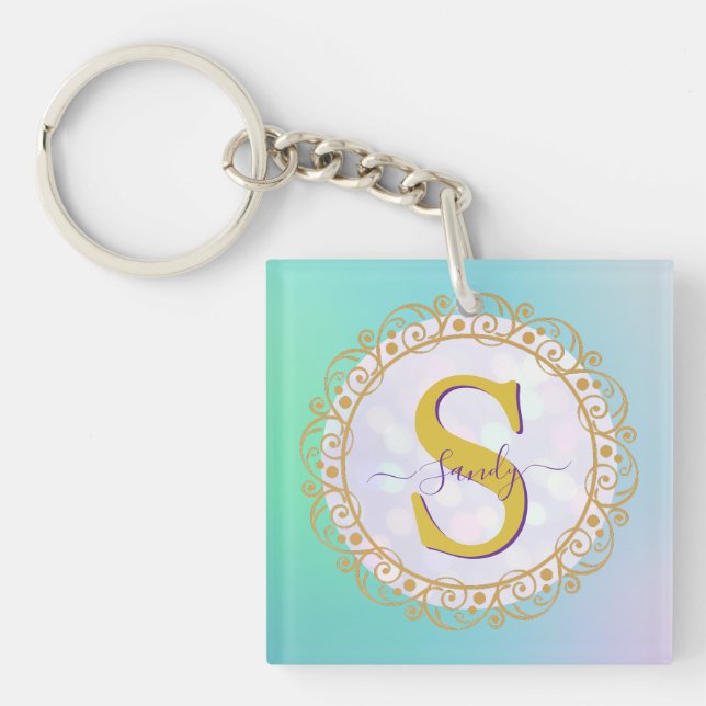 Personalised Monogram Mandala Gold and Blue Key Ring (Front)