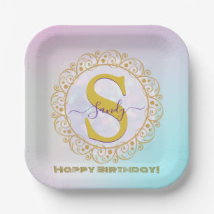 Personalised Monogram Mandala Gold and Blue Paper Plate
