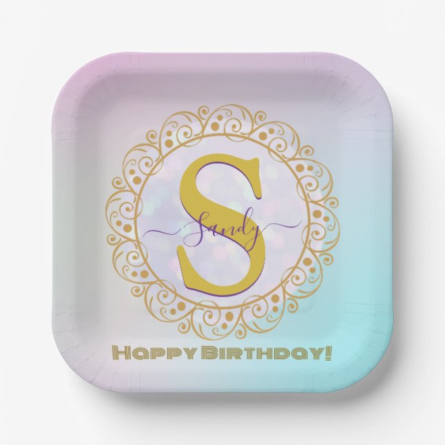 Personalised Monogram Mandala Gold and Blue Paper Plate (Front)