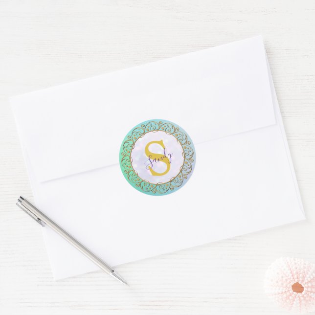 Personalised Monogram Mandala Gold and turquoise Classic Round Sticker (Envelope)