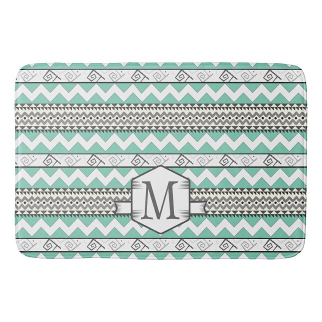 Personalised Monogram Mint Aztec Floral Pattern Bath Mat (Front)