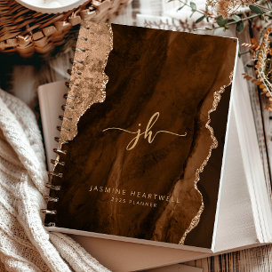 Personalised Monogram Mocha Brown Gold Agate 2025 Planner
