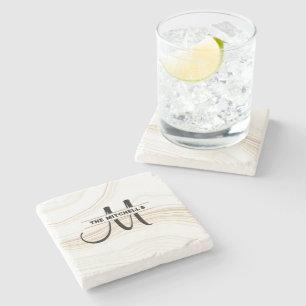 Personalised Monogram Modern Carrara Marble White  Stone Coaster