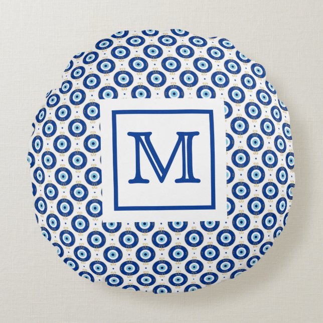 Personalised Monogram Modern Evil Eye Pattern  Round Cushion (Front)