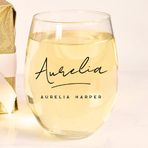 Personalised Monogram Modern Script Signature Name Stemless Wine Glass