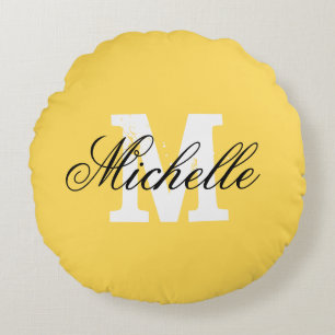 Personalised monogram mustard yellow round throw cushion