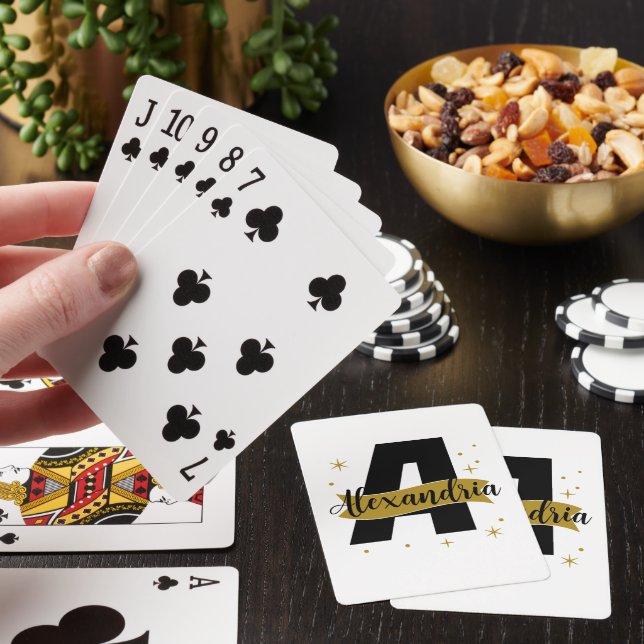 Personalised Monogram Name Black and Gold Playing Cards (In Situ)