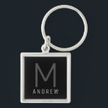 Personalised Monogram Name Black Silver Key Ring<br><div class="desc">Black and Silver Modern and Understated Masculine Monogrammed initial and custom name personalised key chain in a classic minimal,  professional-looking sans-serif font for a simple and professional and modern look.</div>