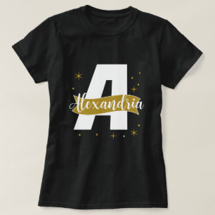 Personalised Monogram Name Black White and Gold T-Shirt