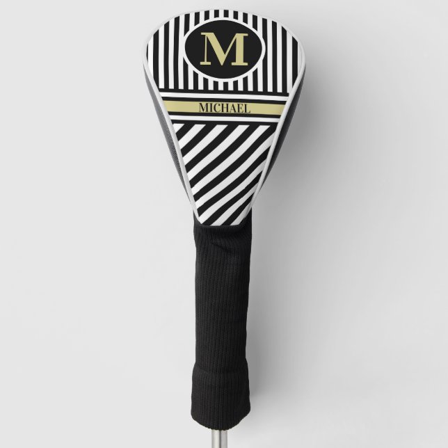 Personalised Monogram Name Black White Stripes  Go Golf Head Cover (Front)