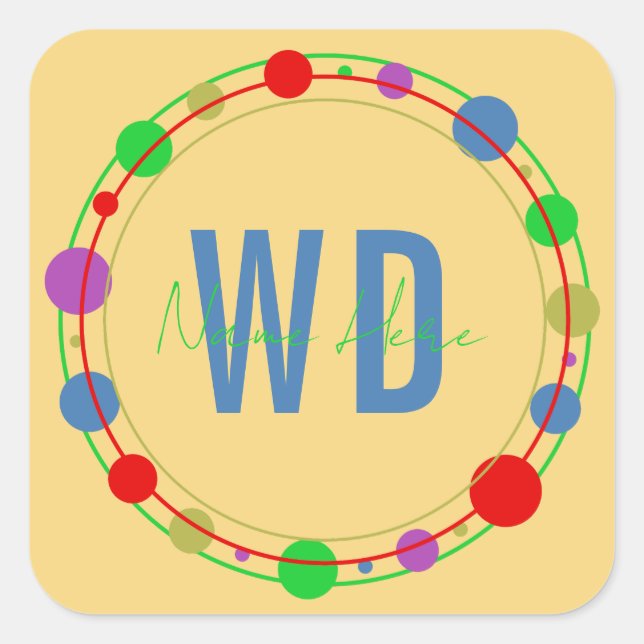 Personalised Monogram Name Colourful Circles Yello Square Sticker (Front)