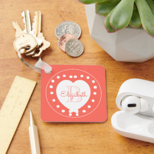 Personalised Monogram Name Coral White Heart Key Ring