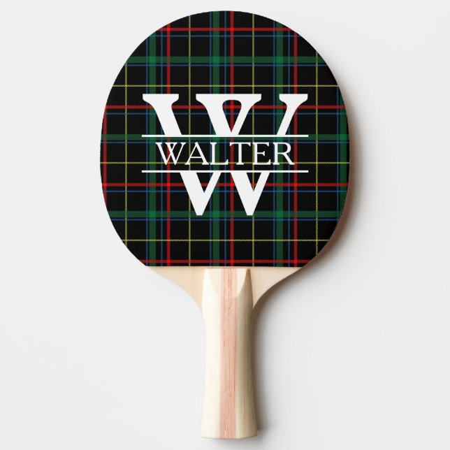 Personalised Monogram & Name Dark Plaid Ping Pong Paddle (Front)