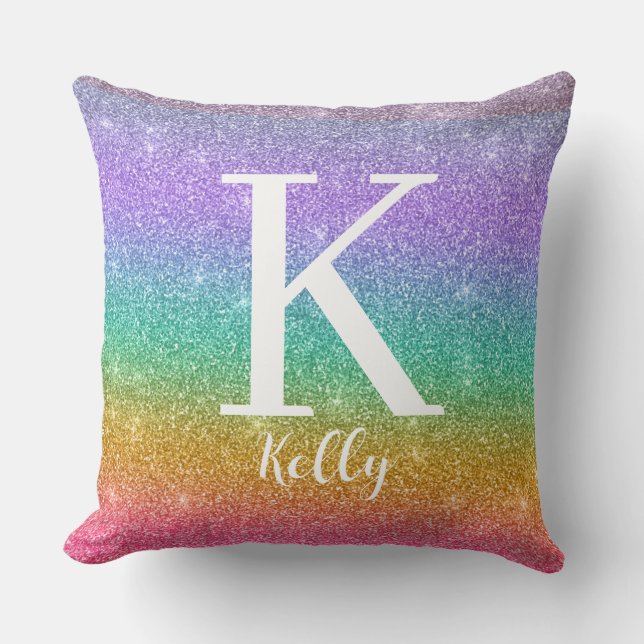Personalised Monogram Name Faux Glitter Colourful Cushion (Front)