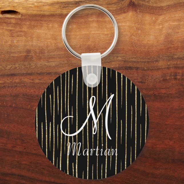 Personalised monogram name gold glitter &black key ring (Front)