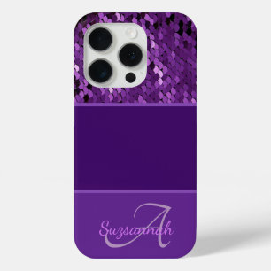 Personalised Monogram Name Purple Sequins Stripes iPhone 15 Pro Case
