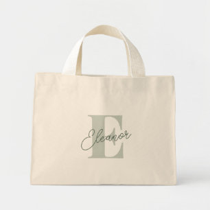 Personalised Monogram Name Sage Green Script Mini Tote Bag
