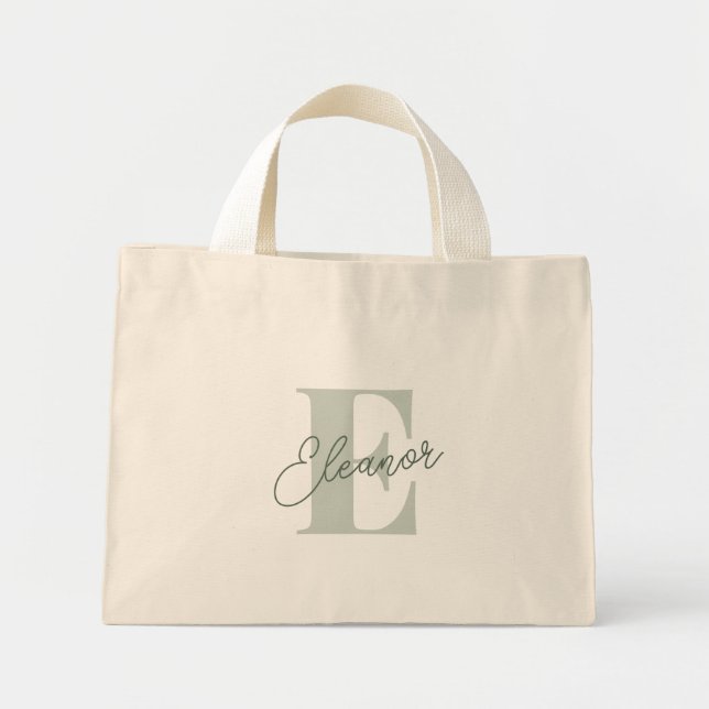 Personalised Monogram Name Sage Green Script Mini Tote Bag (Front)
