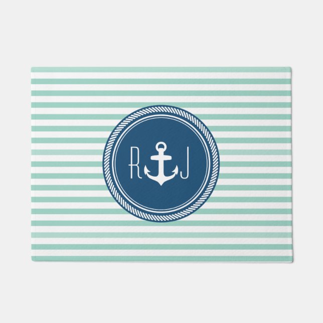 Personalised Monogram Navy and Seafoam Nautical Doormat (Front)